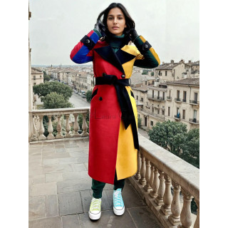 Palton Romanita 3 color mix, cu panouri roșii și galbene, rever negru și cordon în talie