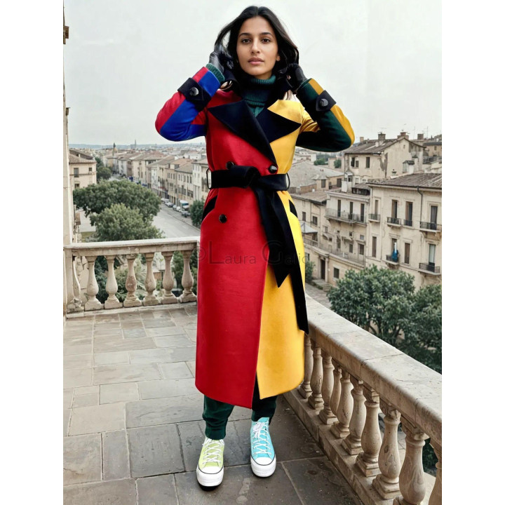 Palton Romanita 3 color mix, cu panouri roșii și galbene, rever negru și cordon în talie