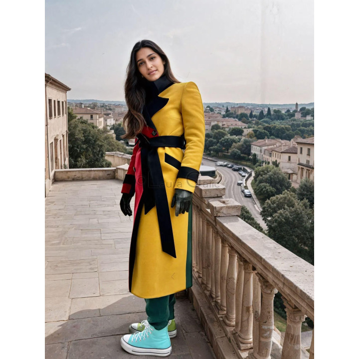 Long Romanita 3 coat with a dominant yellow panel, long sleeves and black belt