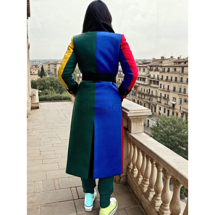 Back of the Romanita 3 coat with green and blue panels and multicolored sleeves