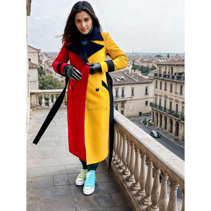 Palton Romanita 3 color mix, vedere frontală cu nasturi și panouri roșii și galbene