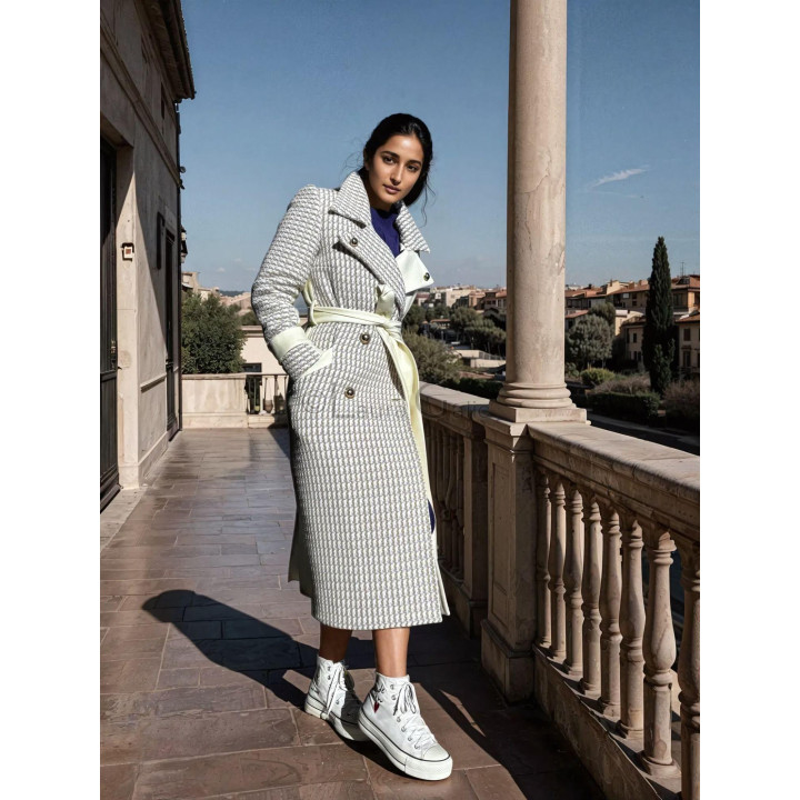 Long Romanita 3 coat styled with a belt tied at the waist