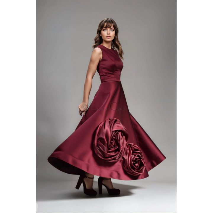 Burgundy Lara midi dress with a full skirt and oversized applied roses