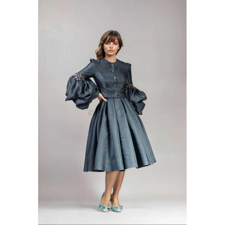 Women's Federica 3 suit with a pleated skirt and voluminous sleeves trimmed with sparkling appliqués
