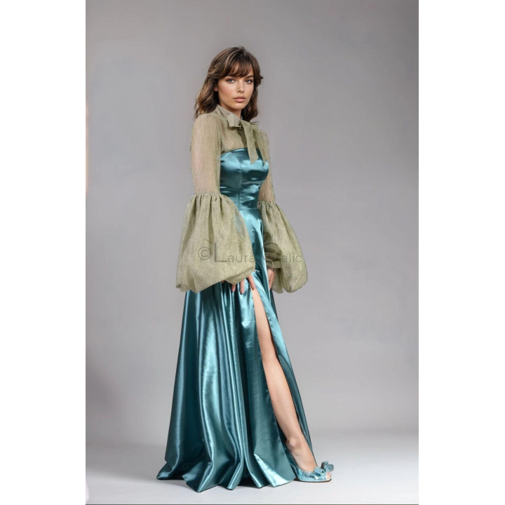 Odille 2 satin gown with a full skirt and Luana 3 shirt with voluminous sleeves