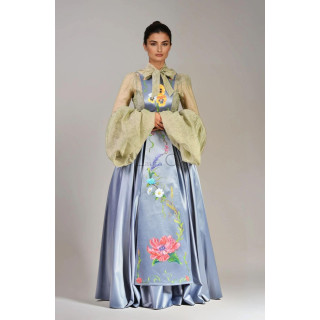 3-piece painted women's ensemble with Luana 3 shirt, full blue skirt and floral apron