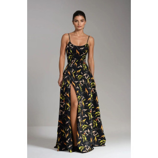 Rochia maxi Nesta cu imprimeu multicolor, corset cu bretele subțiri și șliț adânc