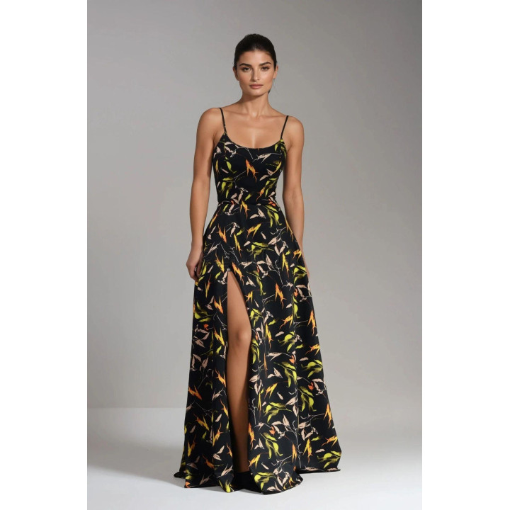 Nesta maxi dress with multicoloured print, thin straps and a high leg slit