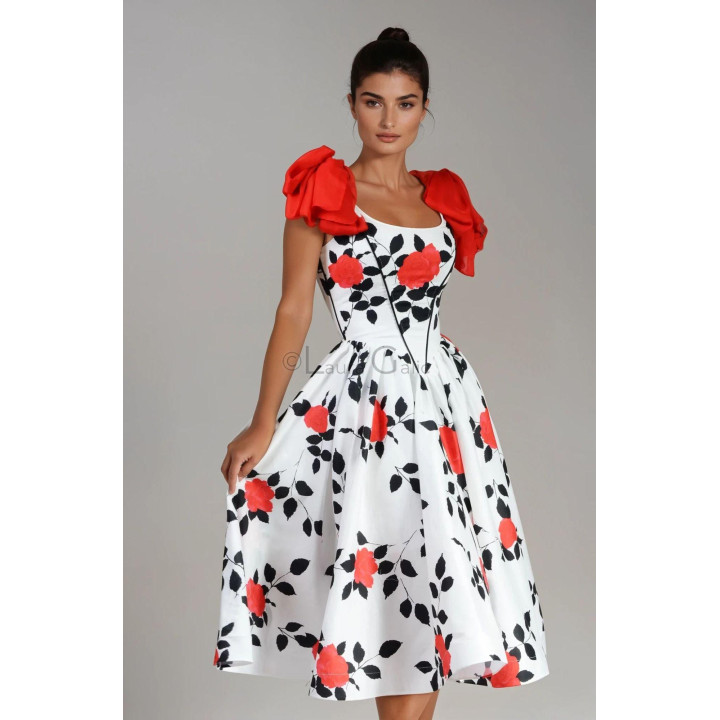 Poppy midi dress with a red and black floral print, fitted bodice and full skirt