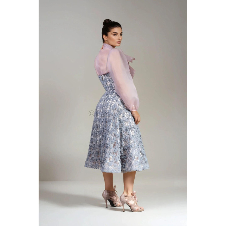Rochie Igritte 3 din spate, cu corset drept, fustă în A și bluză din organza