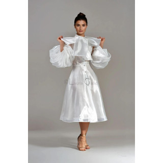 Luana bridal midi wedding dress in organza with a neck scarf and voluminous sleeves