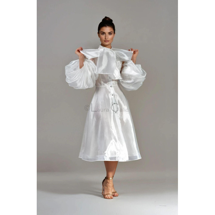 Luana bridal midi wedding dress in organza with a neck scarf and voluminous sleeves
