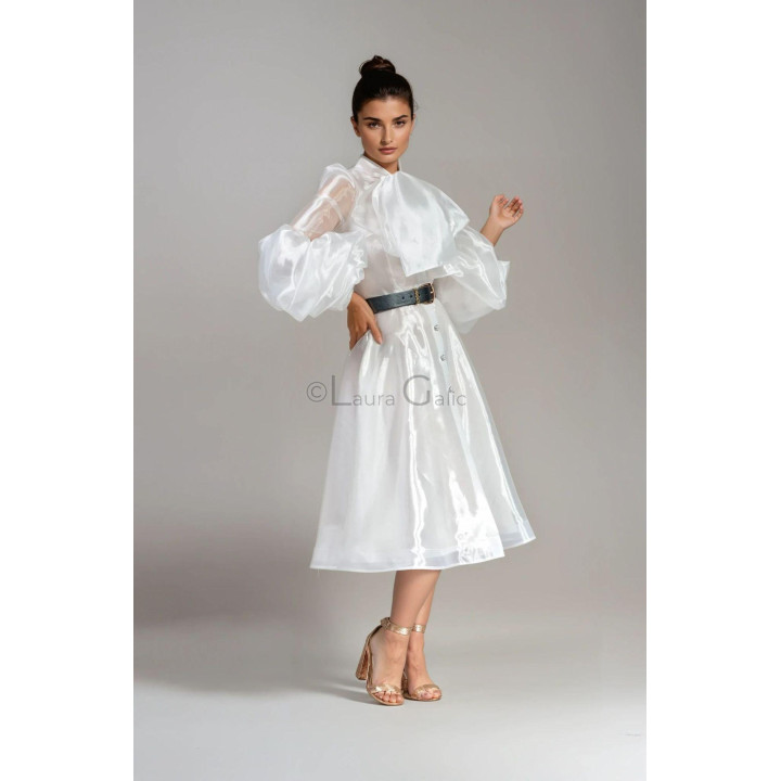 White Luana bridal dress with a neck scarf and flared midi skirt