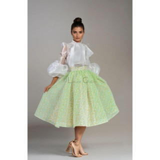 Fusta midi Denisa din organza, cu croială amplă și imprimeu verde și galben