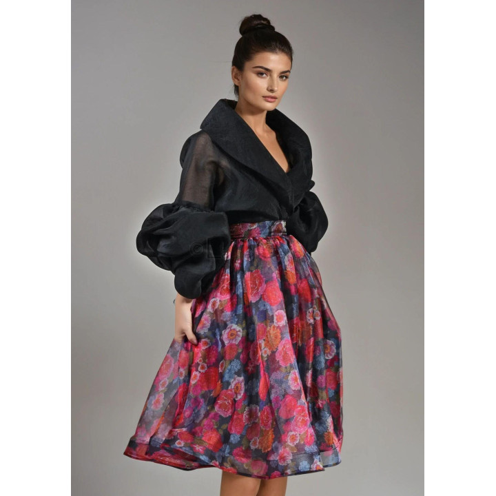 Fusta midi Denisa din organza cu imprimeu floral multicolor și talie definită