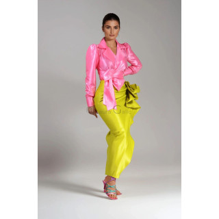 Olive 2 pink taffeta blouse with notched collar, long sleeves and waist sash