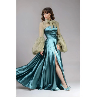Odille 2 teal satin evening dress with a straight corset bodice, long skirt and high slit