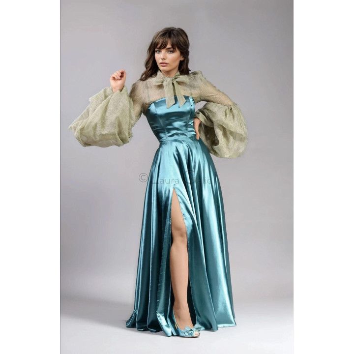 Front view of the Odille 2 strapless dress with a full teal satin skirt and slit