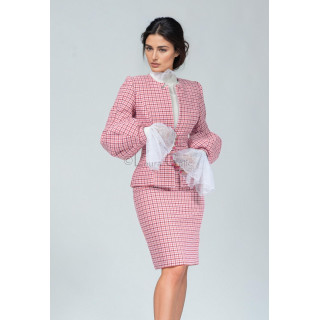 Pink and white checked jacket and matching skirt worn together