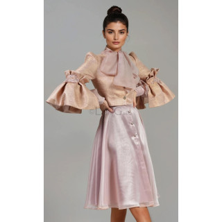 Costumul Federica 4 peach cu Rochie Luana, sacou din brocart și rochie midi cu fundă