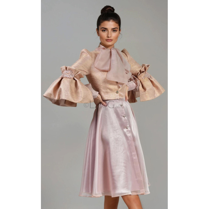 Federica 2 peach suit with Luana Dress, showing the brocade jacket and bow-neck midi dress