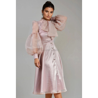 Luana blush-pink organza dress with neck scarf, front buttons and voluminous sleeves