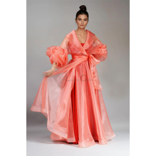 Serafina coral organza wrap dress with voluminous sleeves and a long skirt