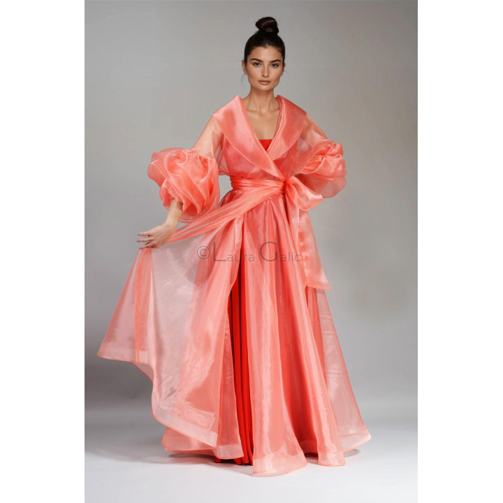 Serafina coral organza wrap dress with voluminous sleeves and a long skirt