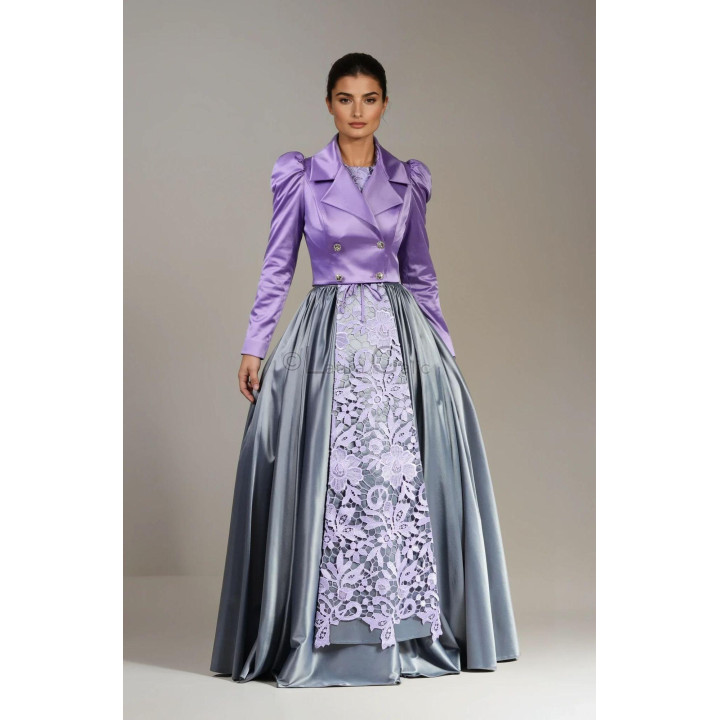 Suzana lilac cotton sateen jacket with wide lapels, puff shoulders and decorative buttons