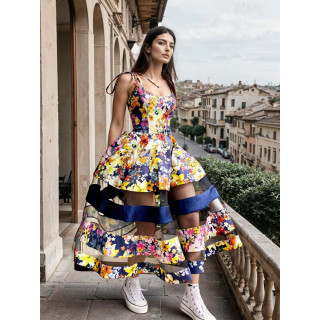 Taraza 2 dress with tie shoulder straps and a full floral skirt featuring sheer mesh panels