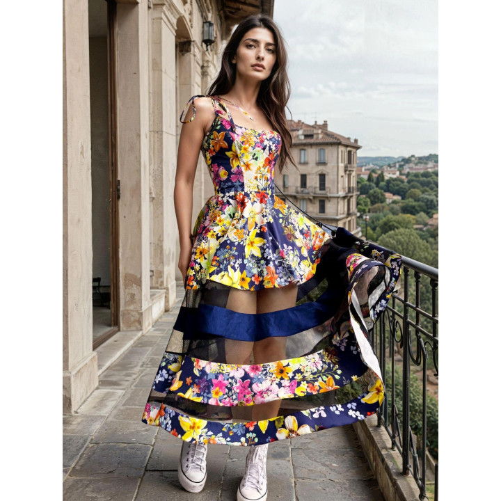 Taraza 2 corset dress with a long tiered skirt, sheer mesh sections and contrasting bands