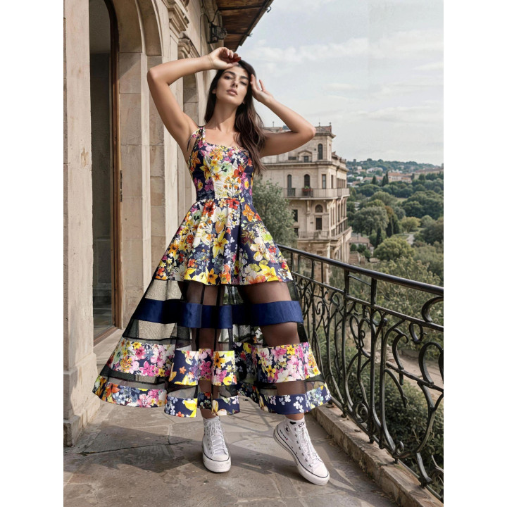 Floral Taraza 2 dress with a fitted corset, slim shoulder ties and a voluminous mesh-panel skirt