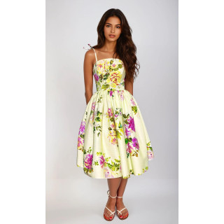Dalma linen dress with adjustable straps, fitted bodice and full floral-print skirt