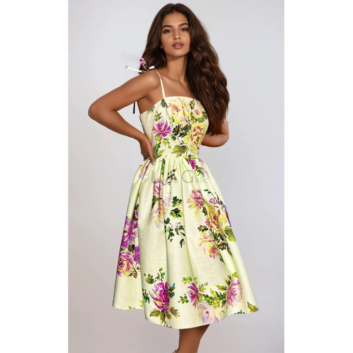 Dalma floral dress with a cream background and gathered waist