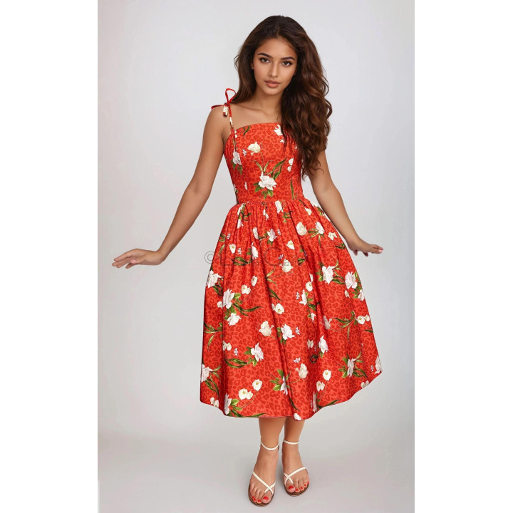 Dalma red dress with adjustable straps, a boned corset bodice and a full floral and animal-print skirt