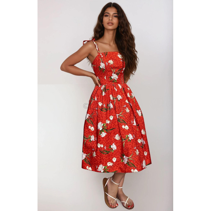 Rochie de damă Dalma cu decolteu drept, bretele legate la umeri și imprimeu floral
