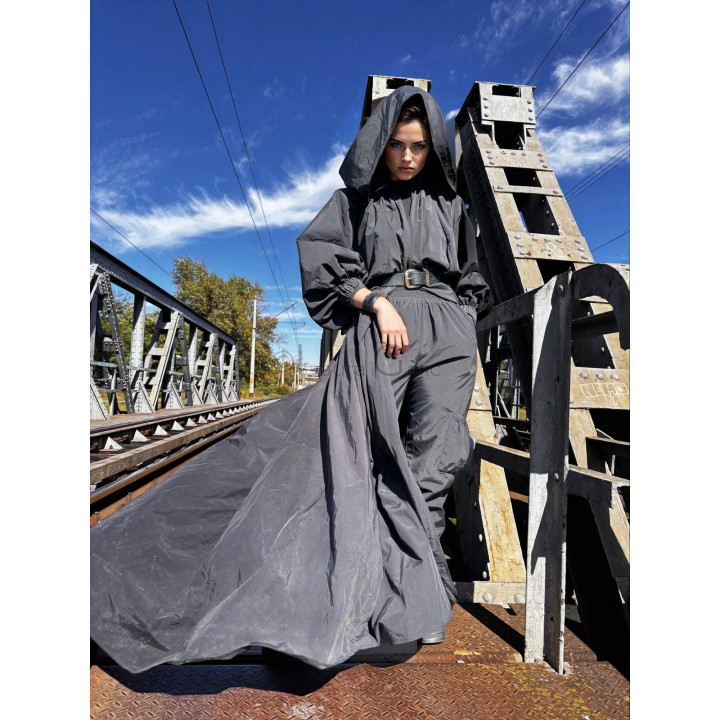 Cargo-gothic-chic cape with oversized hood and flowing train