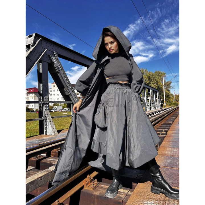 Oversized hood and asymmetrical skirt on the Boho-gothic-chic cape and skirt set