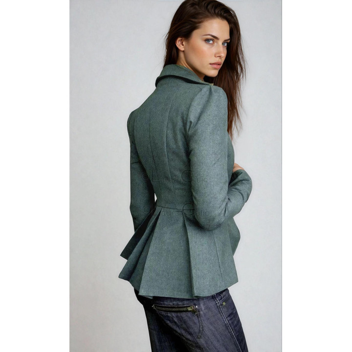 Back view of the Dalia jacket showing its fitted waist and flared pleated lower shape