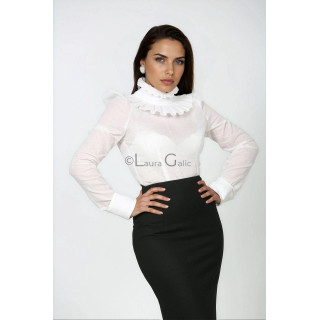 Mariana shirt with ruffled tunic collar and long sleeves, styled with a black skirt