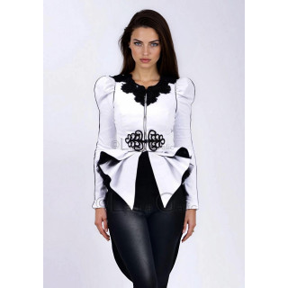 Sacou Agata couture alb cu aplicații negre din dantelă și peplum supradimensionat, vedere frontală