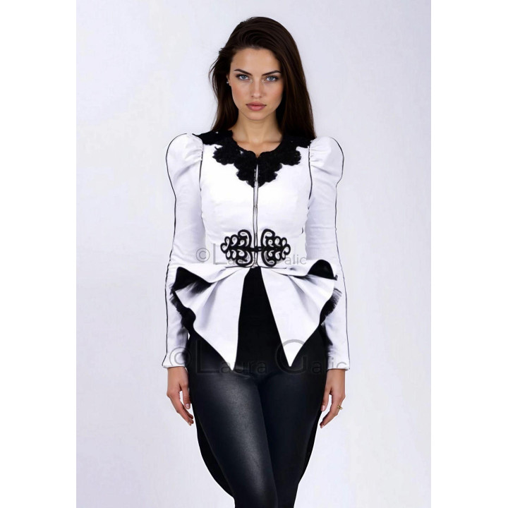 Front view of the white Agata couture jacket with black lace appliqué and oversized peplum
