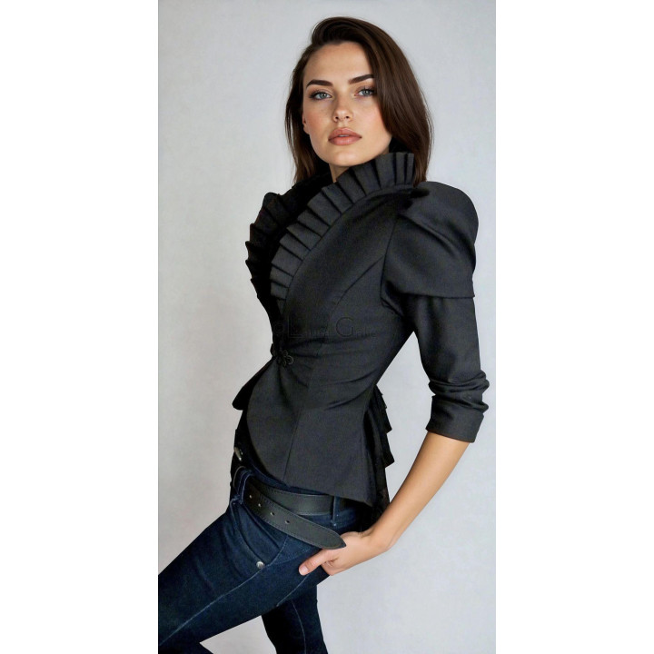 Black Celia jacket with fitted waist, pleated collar, puff shoulders and Chinese frog-button fastening