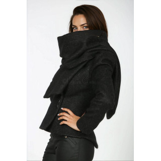 Black Beatrice short coat with a wide scarf collar and button closure