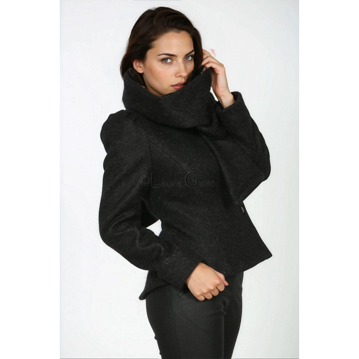 Beatrice coat showing its high scarf collar and double-breasted front