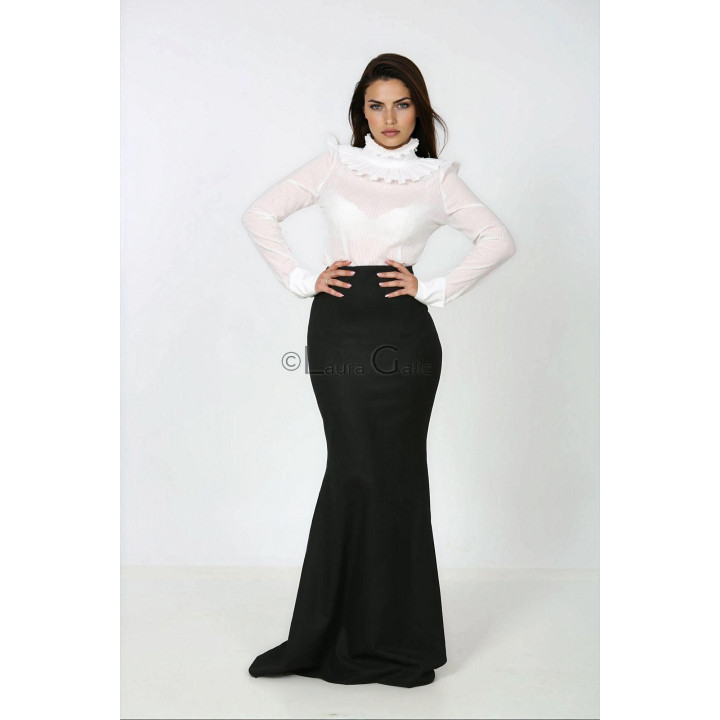 Front view of the long Cezara skirt with a mermaid silhouette