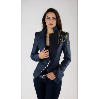 Navy Milla jacket with tunic collar, gold-tone buttons and shoulder chains