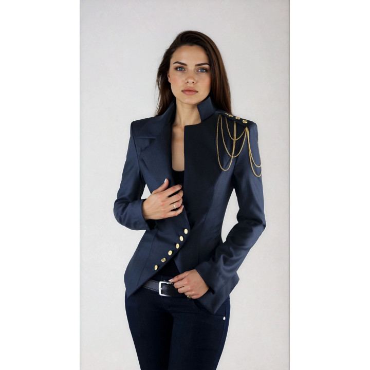 Navy Milla jacket with tunic collar, gold-tone buttons and shoulder chains