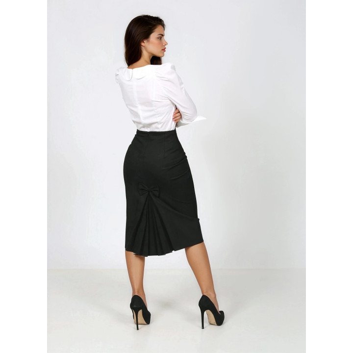 Black Cornelia wool skirt with an applied bow and pleated detail, back view