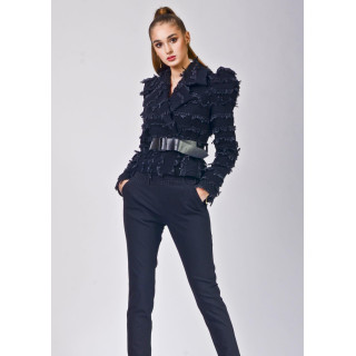 Carmen black denim jacket with puff shoulders and fringe, styled with black trousers